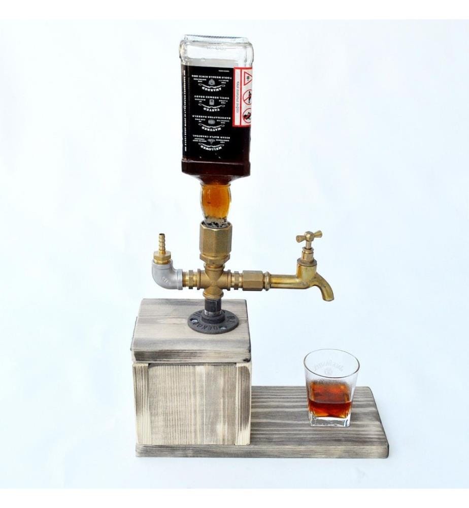 Beverage Dispenser, Walnut Gold, Metal, Spruce Wood Base