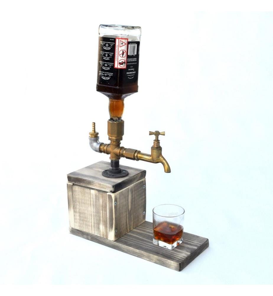Beverage Dispenser, Walnut Gold, Metal, Spruce Wood Base