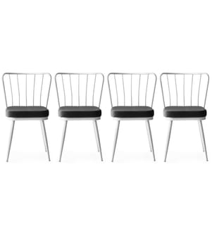 Stuhlset, 4 Teile, Weiss, Metallgestell, Samtstoff - Sitz aus melaminharzbeschichteter Spanplatte