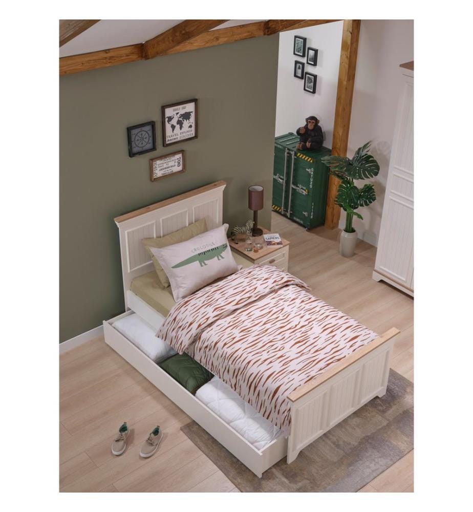 Ausziehbares Bett, 100 % melaminbeschichtete Spanplatte, Creme, Eiche