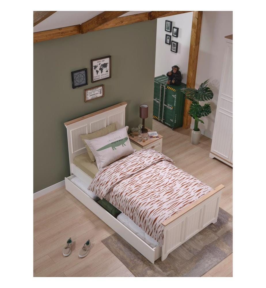 Ausziehbares Bett, 100 % melaminbeschichtete Spanplatte, Creme, Eiche