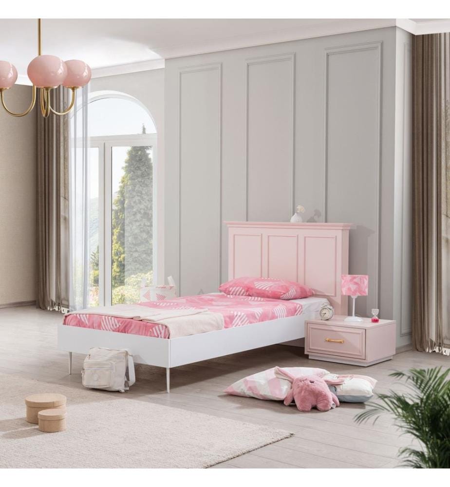 Einzelbettgestell, 100 % melaminbeschichtete Spanplatte, Rosa, Weiss