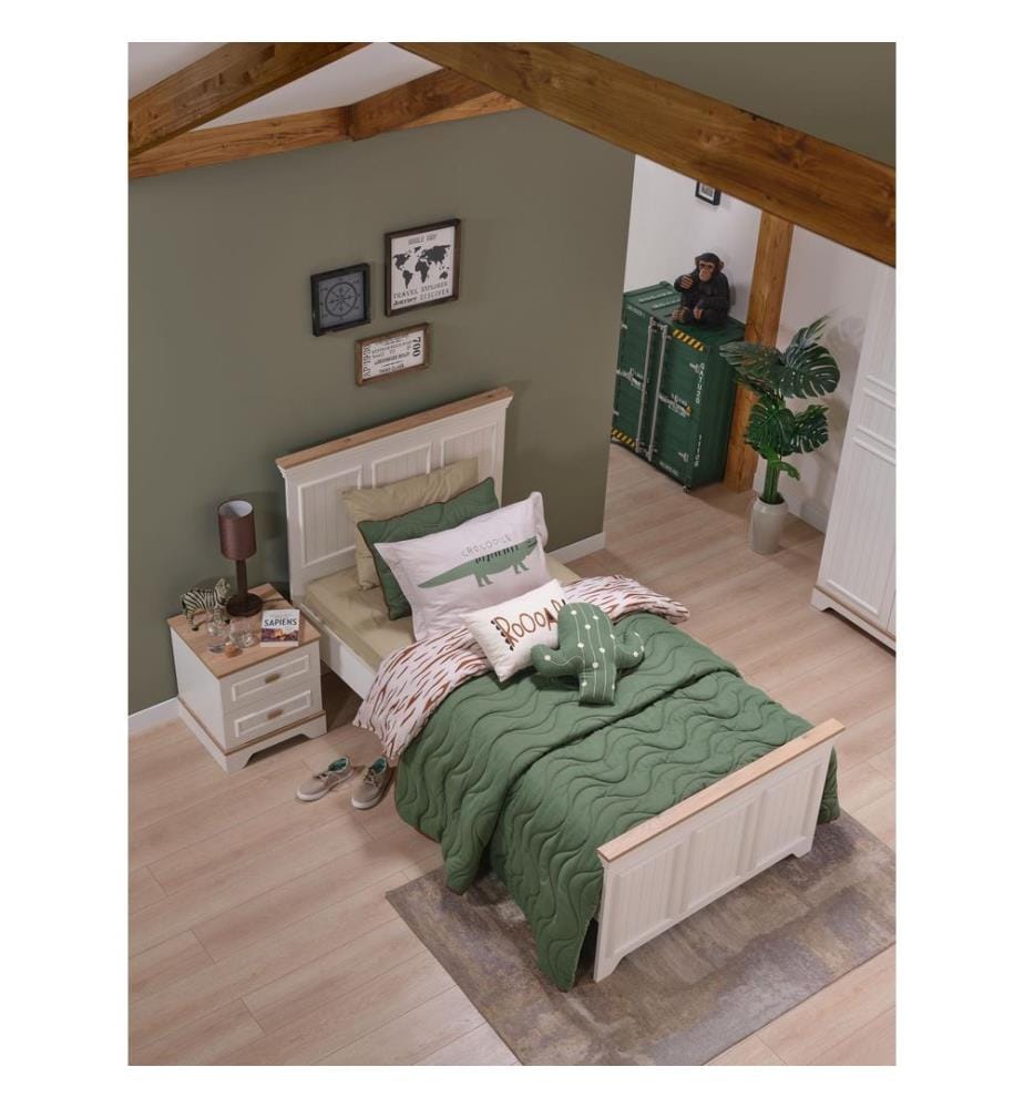 Einzelbettgestell, 100 % melaminbeschichtete Spanplatte, Creme, Eiche