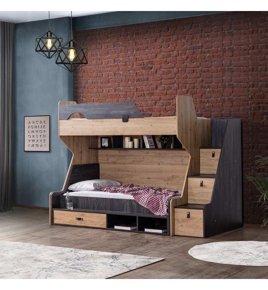 Etagenbett, 100 % melaminbeschichtete Spanplatte, Anthrazit, Braun
