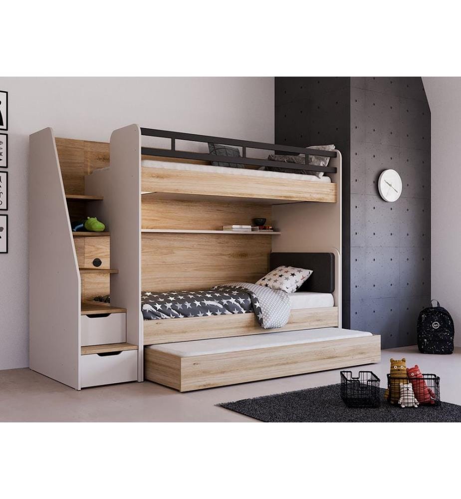 Etagenbett, 100 % melaminbeschichtete Spanplatte, Creme, Eiche