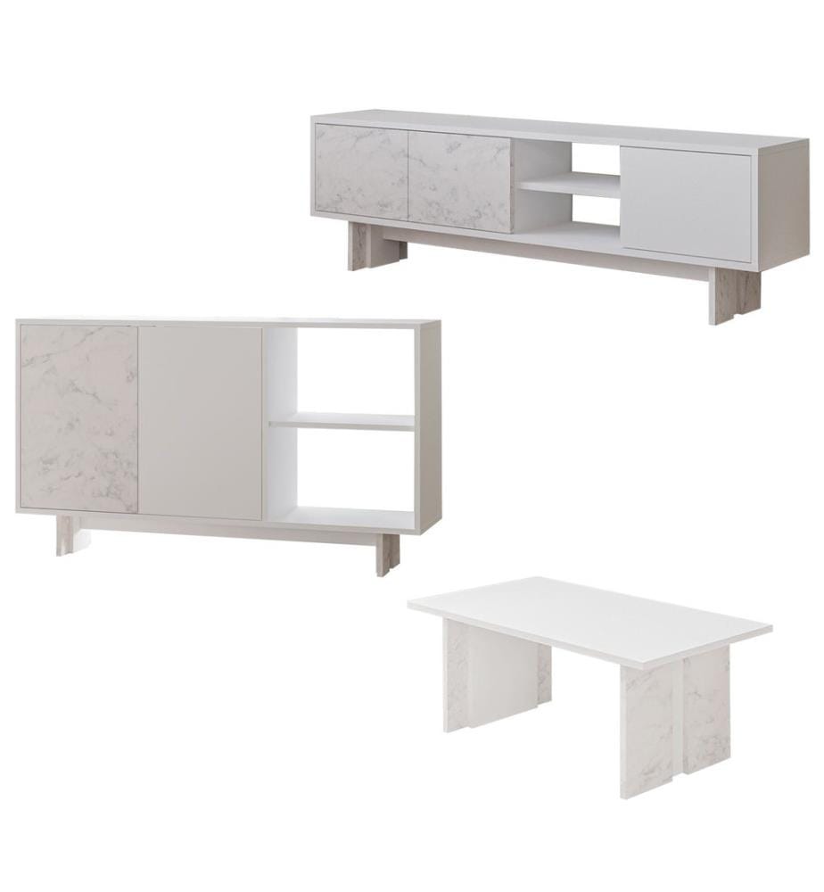 Wohnzimmermöbel-Set, 100 % melaminbeschichtete Spanplatte, Weiss, Weisser Marmor