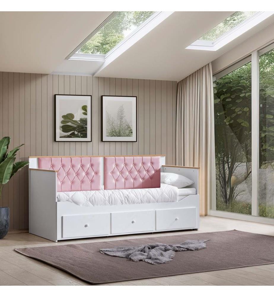 Tagesbett, 100 % melaminbeschichtete Spanplatte, Weiss, Rosa