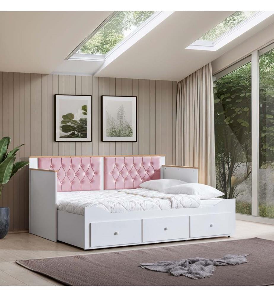 Tagesbett, 100 % melaminbeschichtete Spanplatte, Weiss, Rosa