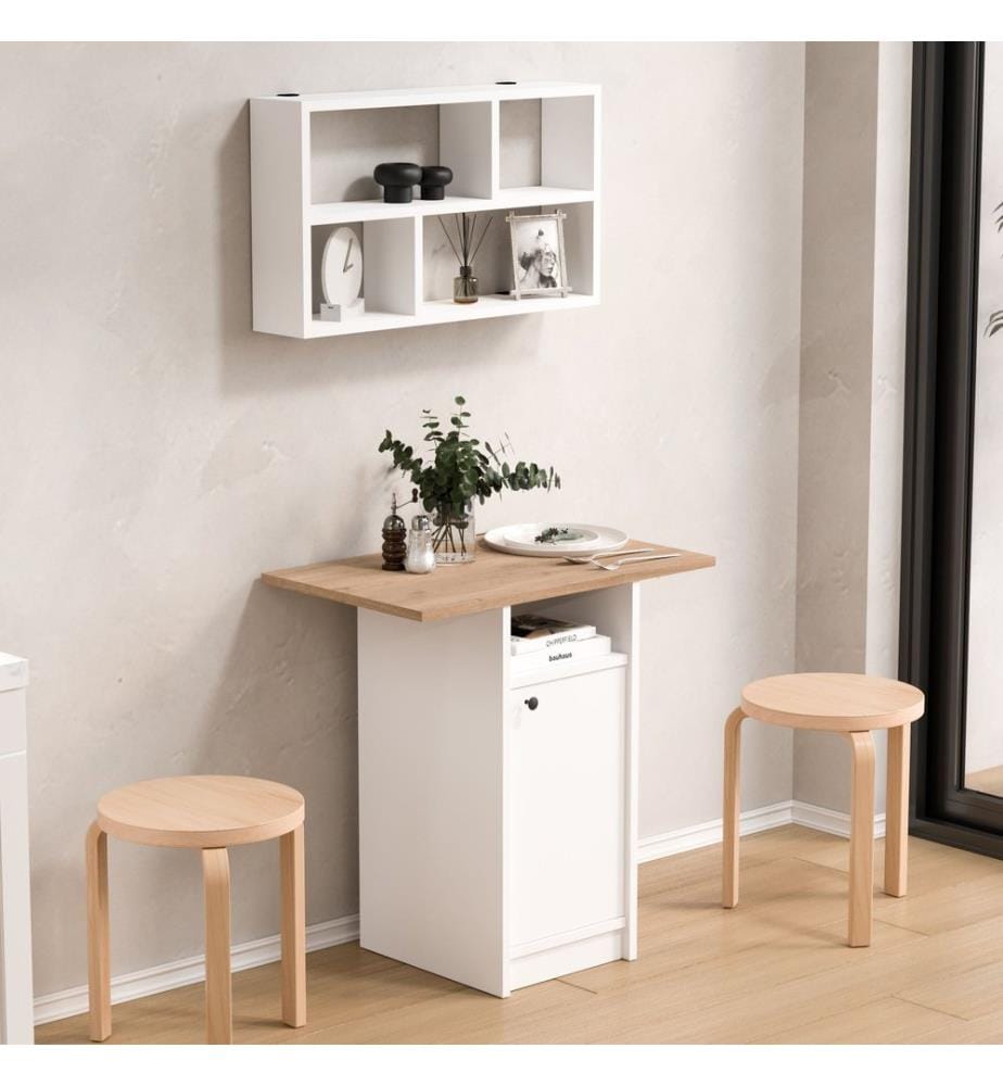 Esstisch- und Wandregal-Set, 2-teilig, 100 % melaminbeschichtete Spanplatte, Weiss, Eiche