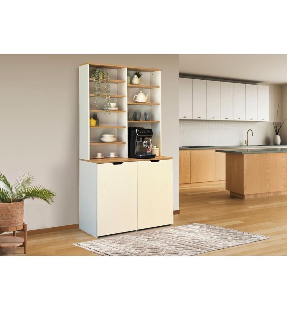 Kaffeetisch- und Hocker-Set, 3-teilig, 100 % melaminbeschichtete Spanplatte, Eiche, Creme