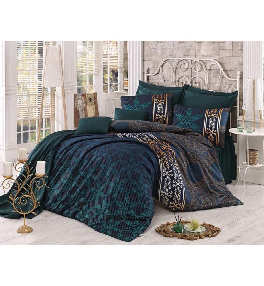 Set copripiumino re in raso, verde scuro, senape, marrone, 100% cotone Satin