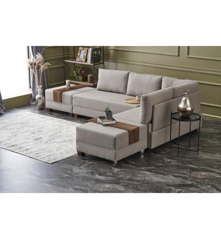 Corner Sofa-Bed, Cream, Wooden & Melamine Coated Particle Board Frame, Cotton & Polyester Fabric