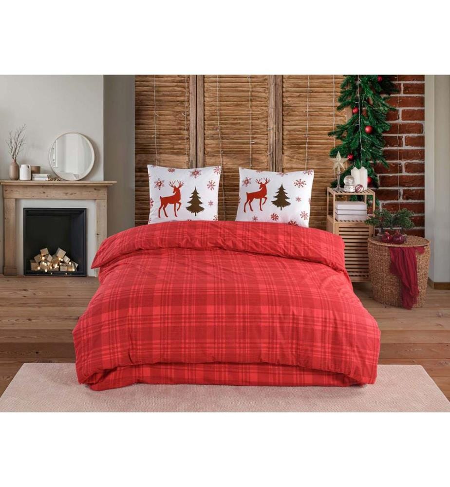 Parure de lit en popeline (kingsize), rouge, blanc, beige foncé, 100 % popeline de coton
