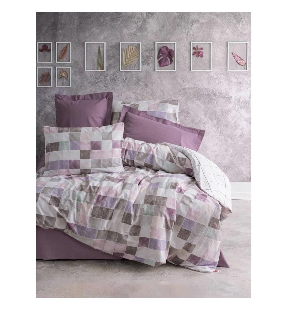Set copripiumino singolo Ranforce, rosa antico, bianco, viola, marrone, 100% cotone Ranforce