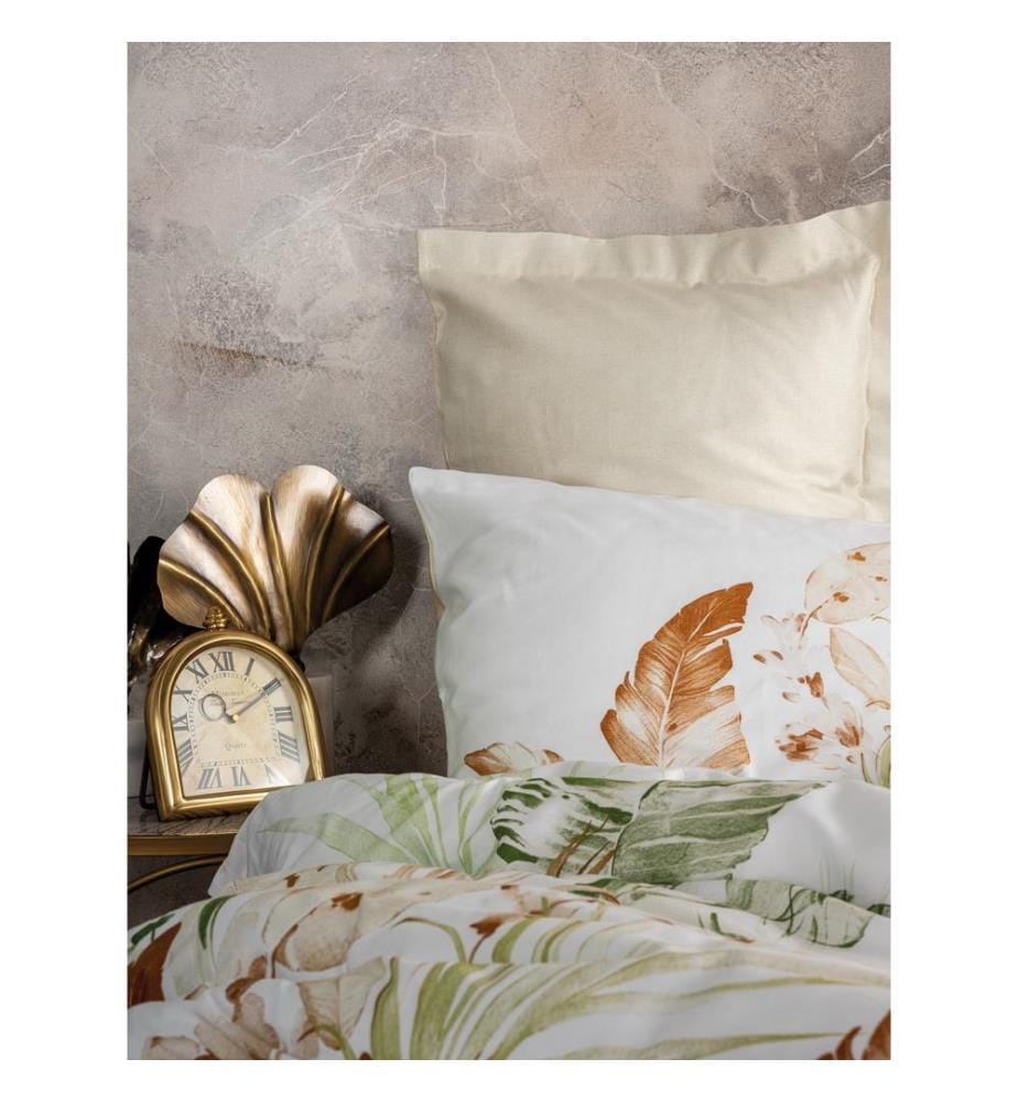 Parure de lit en satin (kingsize), beige, blanc, vert, 100 % satin de coton