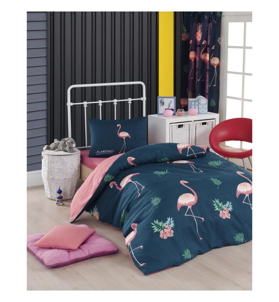 Parure de lit simple, bleu foncé, rose, vert, 65 % coton / 35 % polyester