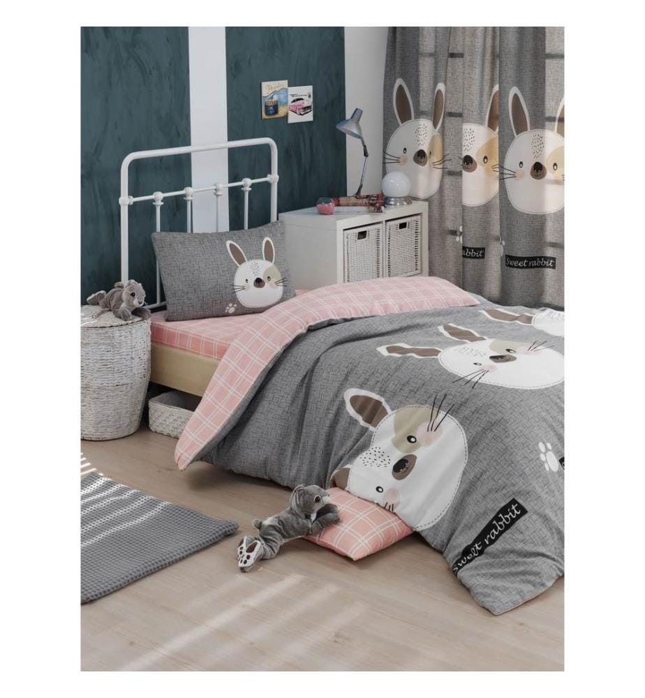 Parure de lit simple, gris, marron, blanc, rose, 65 % coton / 35 % polyester