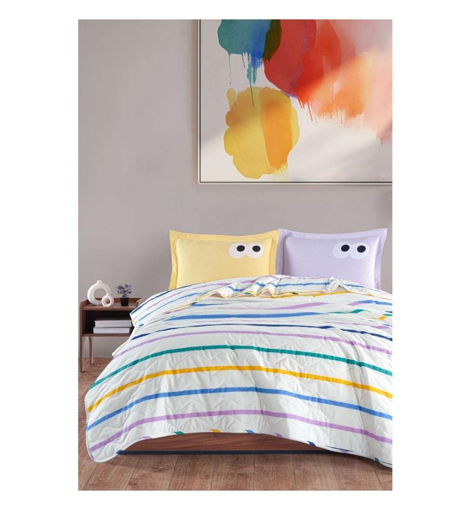 King Quilted Bedspread Set, Yellow, Lilac, 65% COTTON / 35% POLYESTER (Cover) /
