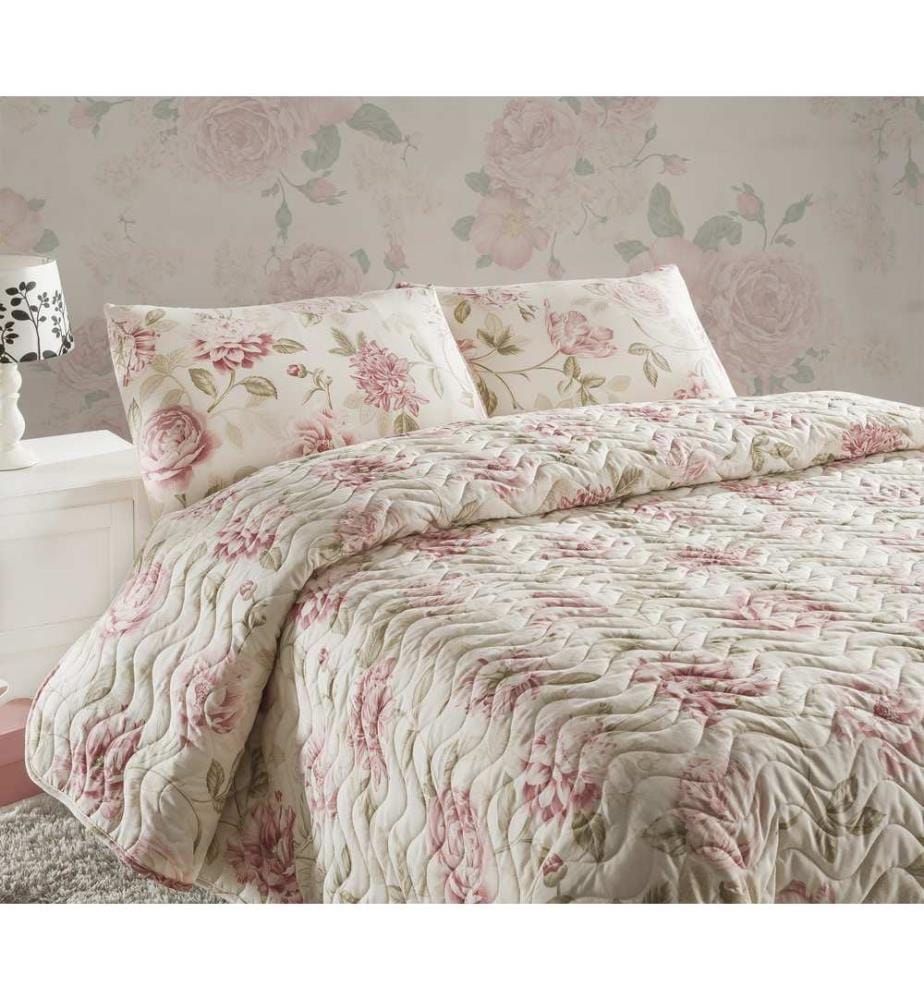 Ensemble de couvre-lit matelassé (kingsize), rose, écru, beige, 65 % coton / 35 % polyester, housse, /, fibre, remplissage