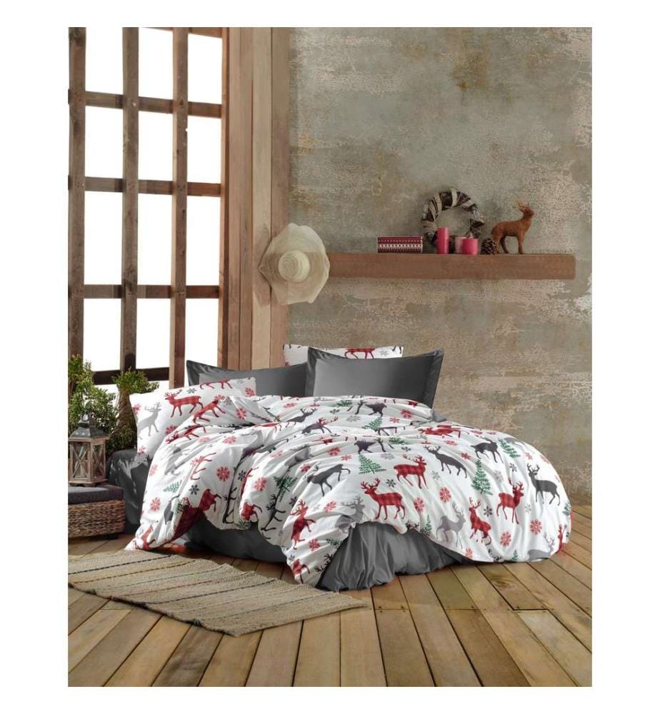 Bettwäsche-Set (Kingsize), Rot, Weiss, Grün, Grau, 70 % Baumwolle / 30 % Polyester