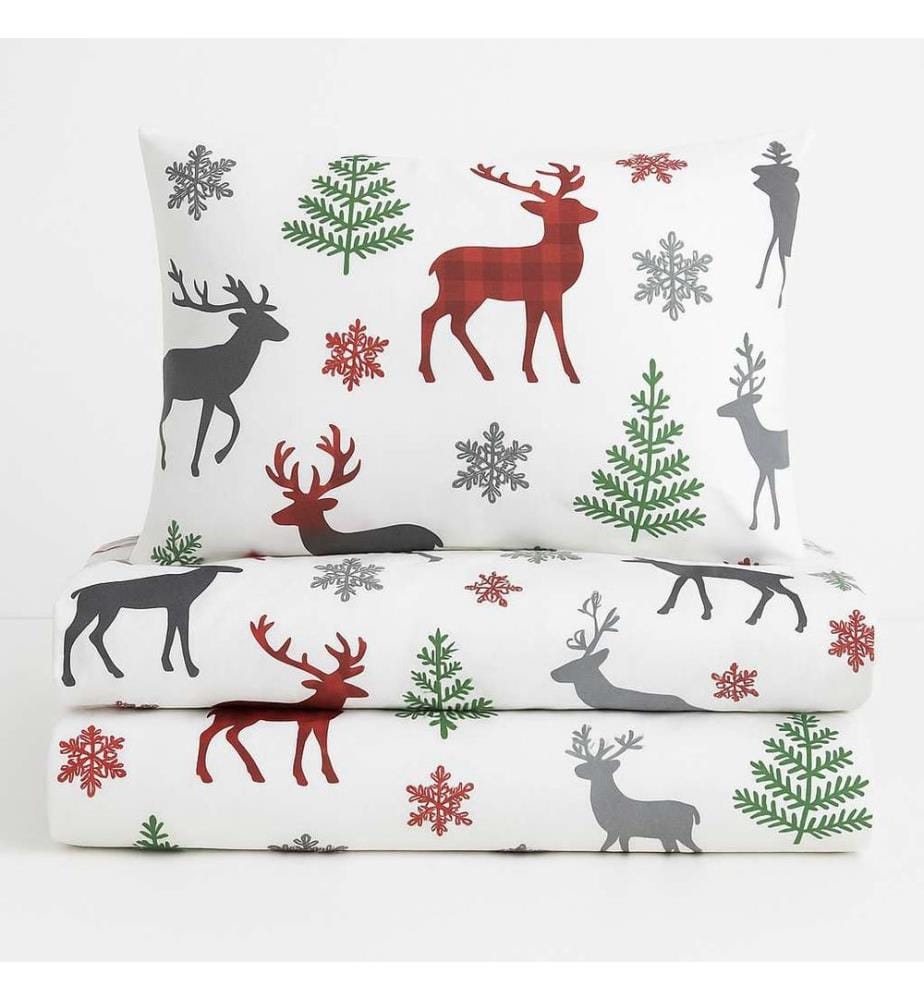 Bettwäsche-Set (Kingsize), Rot, Weiss, Grün, Grau, 70 % Baumwolle / 30 % Polyester
