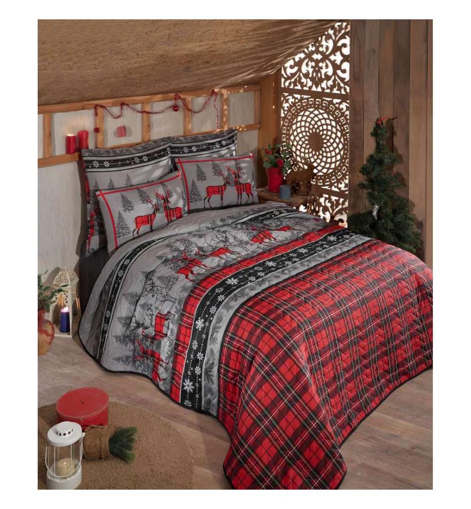 Set de couvre-lit matelassé (kingsize), rouge, gris, noir, 65 % coton / 35 % polyester