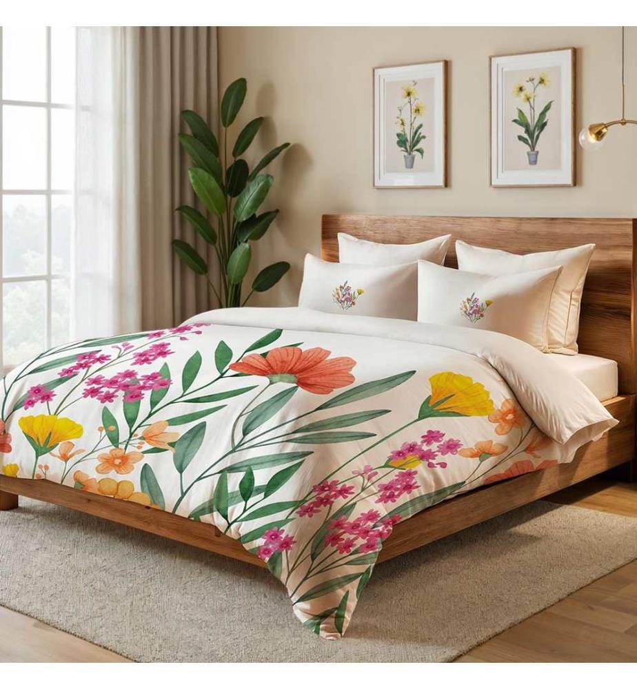 Parure de lit simple, crème, orange, vert, jaune, 70 % coton / 30 % polyester