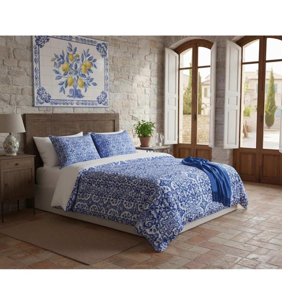 Parure de lit simple, bleu foncé, blanc, 70 % coton / 30 % polyester