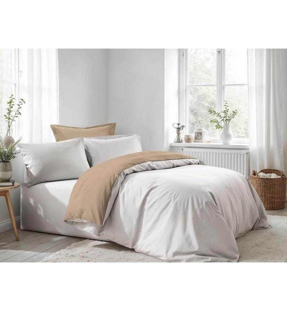 Ranforce, ensemble linge de lit double, blanc, beige, 100 % coton