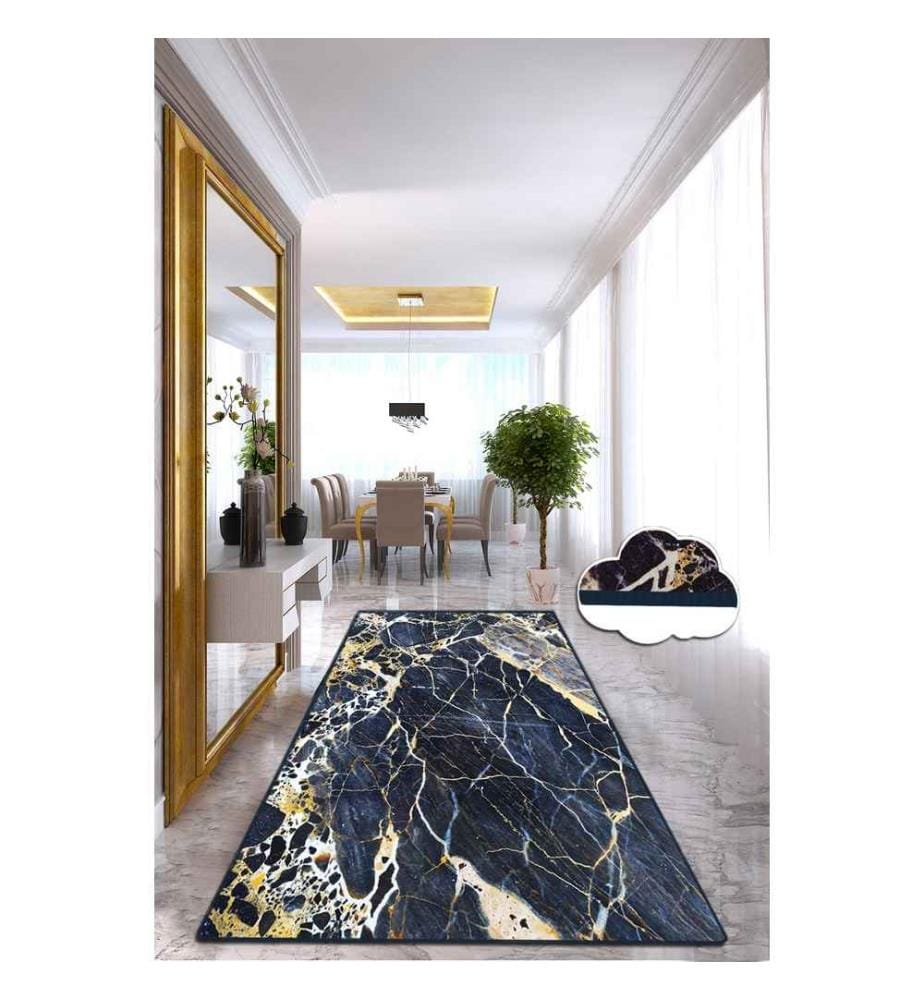 Tapis de salle, bleu marine, or, blanc, 100% polyester, 120 x 200 cm