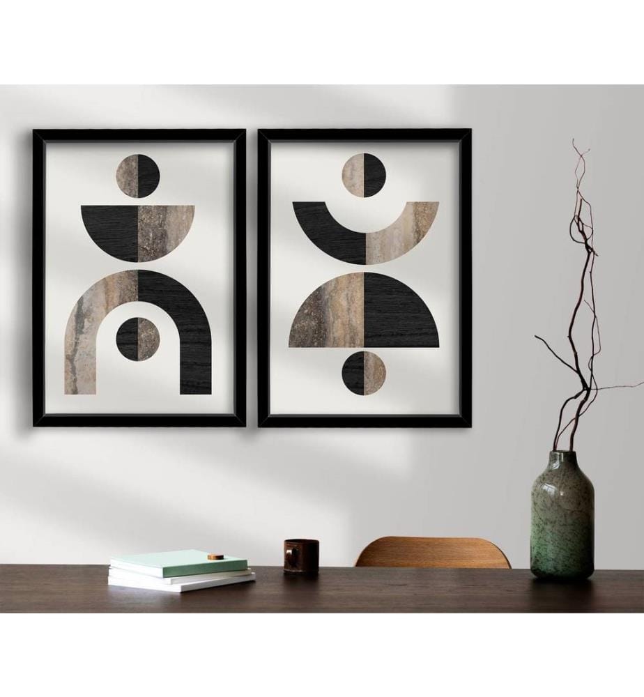 Tableau décoratif encadré MDF, 2 pièces, Marron Vison Blanc Noir, MDF, Bois encadré