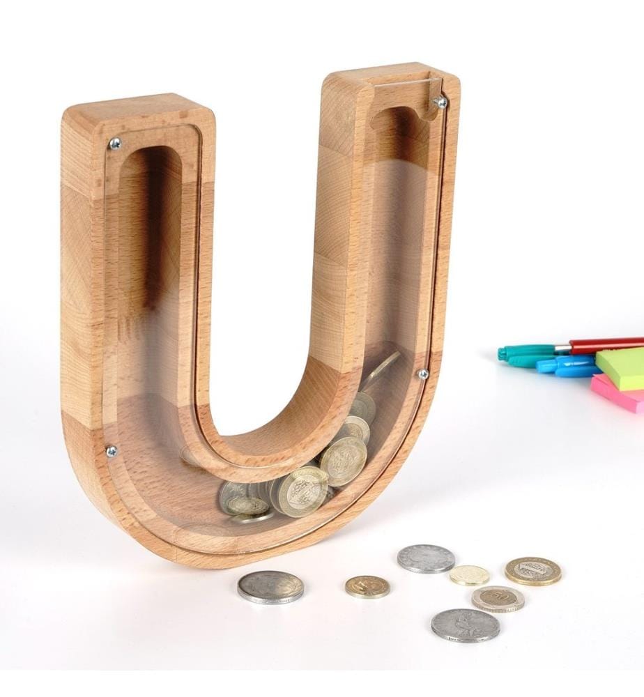 Decorative Penny Bank, Brown, White, Frame: 100% Wooden, Front Side: 100% Plexiglass (Thickness: 2 Mm)
