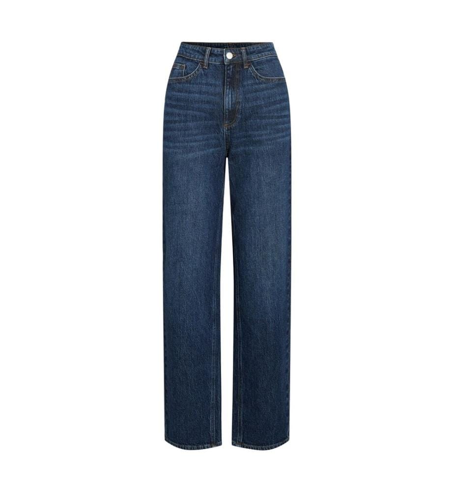 High-waisted straight-leg jeans - Dark blue denim