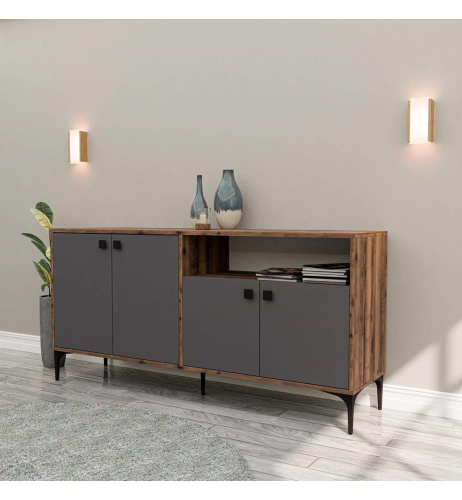 Console, Walnut, Anthracite, Melamine Coated Chipboard