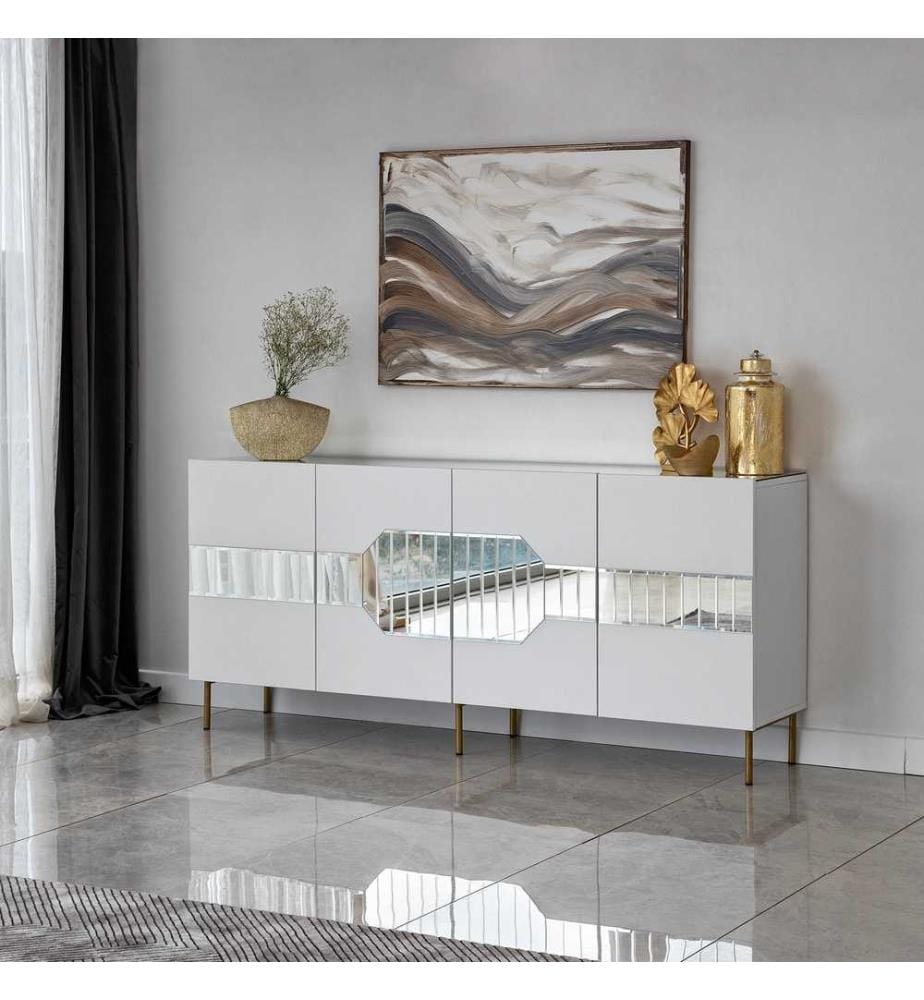 Console, White, Gold, Melamine Coated Particle Board