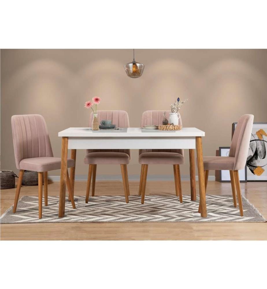 Set di tavolo e sedie, 5 pezzi, pino atlantico, pietra bianca, pannello di particelle rivestito di melamina