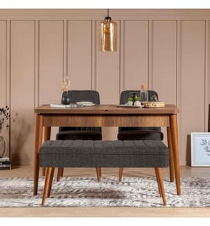 Extendable Dining Table & Chairs Set , 4 Pieces, Walnut, Anthracite, Melamine Coated Particle Board