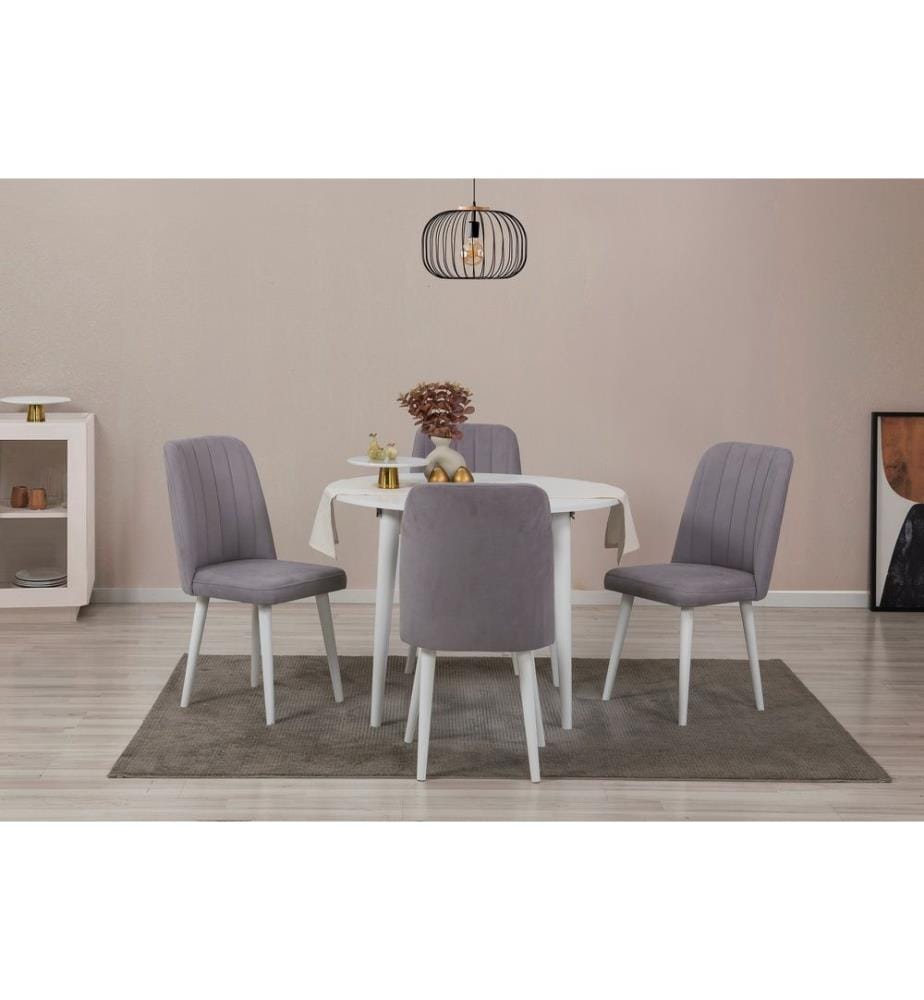 Tavolo da pranzo allungabile e set di sedie, 5 pezzi, bianco, grigio, pannello di particelle rivestito di melamina