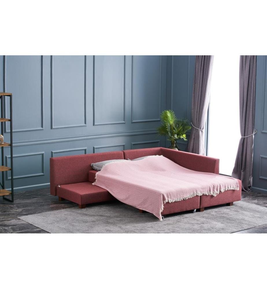 Corner Sofa-Bed, Claret Red, Wood / Fiberboard Frame, Polyester Fabric