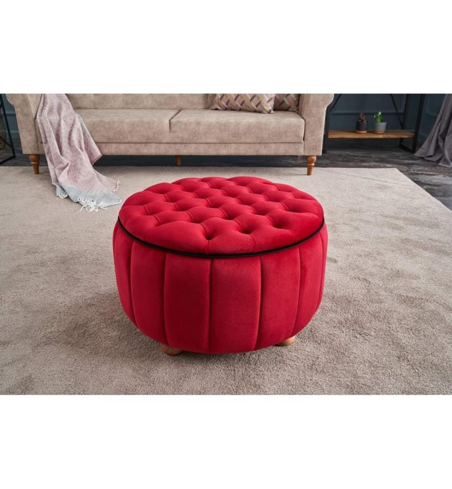 Pouffe, Red, Polyester & Velvet, Wooden Body