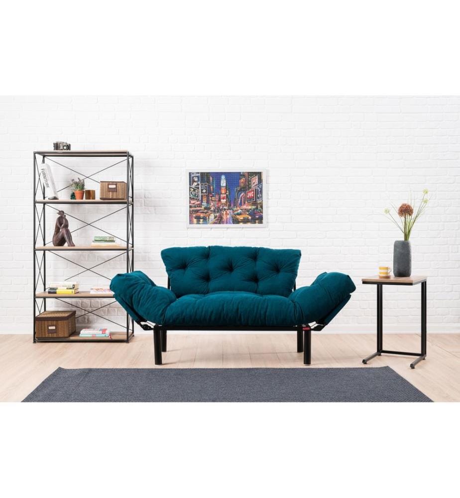 2-Seat Sofa-Bed, Petrol Blue, Metal Frame, Microfibre Fabric Fabric