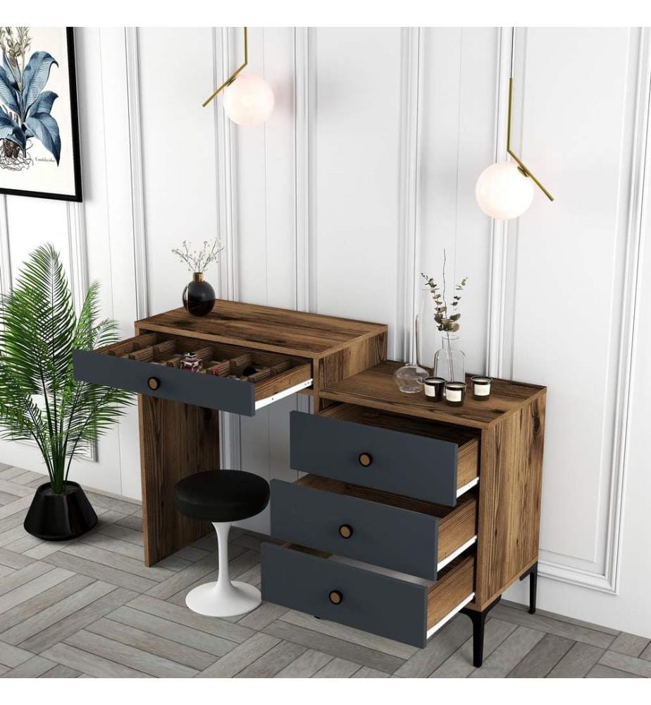Make-up Table, WalnutAnthracite, Melamine Coated Particle Board
