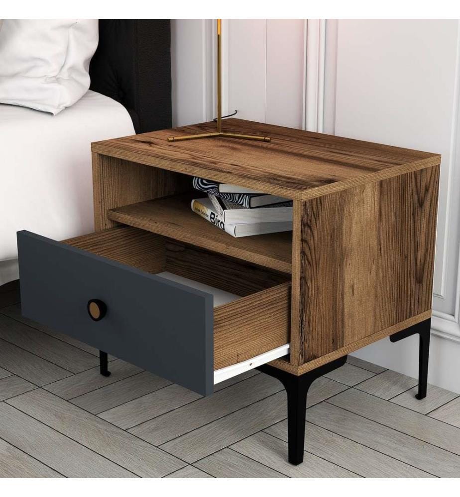 Nightstand, WalnutAnthracite, Melamine Coated Particle Board