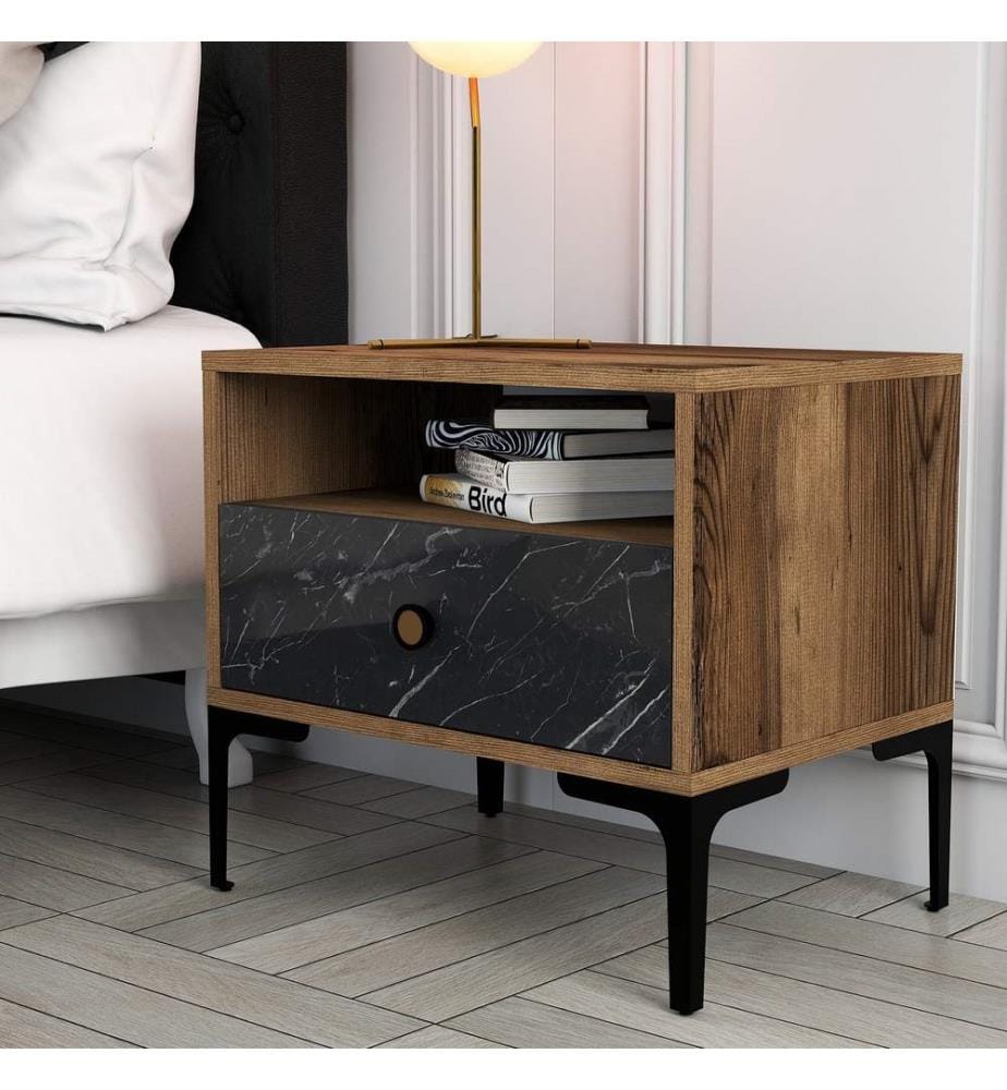 Nightstand, WalnutBlack, Melamine Coated Particle Board
