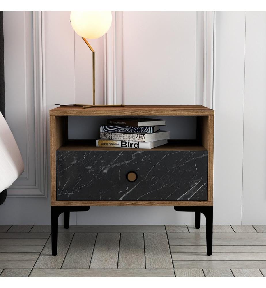 Nightstand, WalnutBlack, Melamine Coated Particle Board