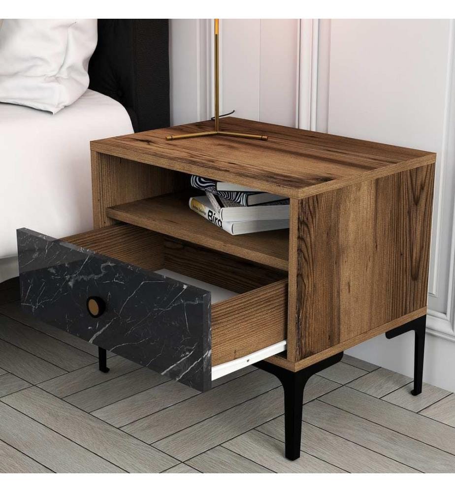 Nightstand, WalnutBlack, Melamine Coated Particle Board