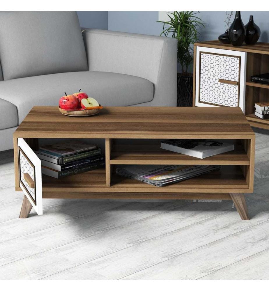 Nussbaumfarbe,Weiss, Couchtische, 38,2X105X60 cm, Melaminbeschichtete Partikelplatte