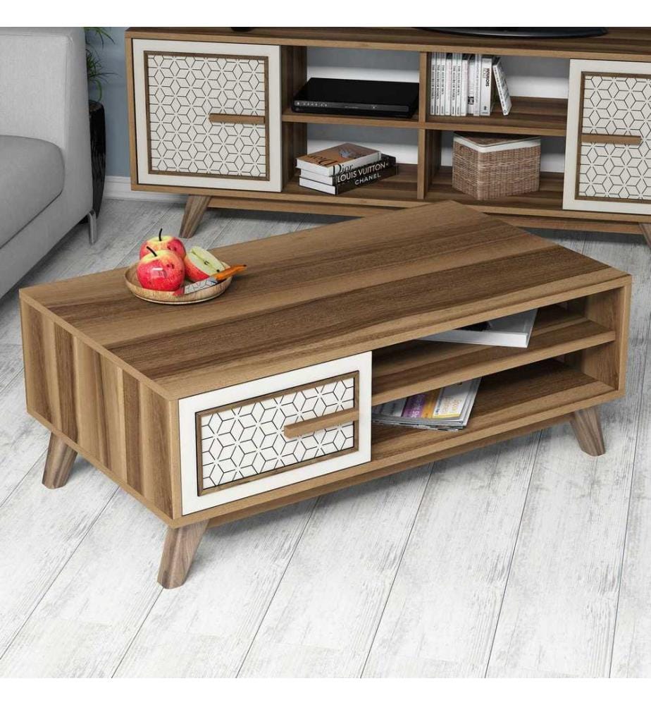 Nussbaumfarbe,Creme, Couchtische, 38,2X105X60 cm, Melaminbeschichtete Partikelplatte
