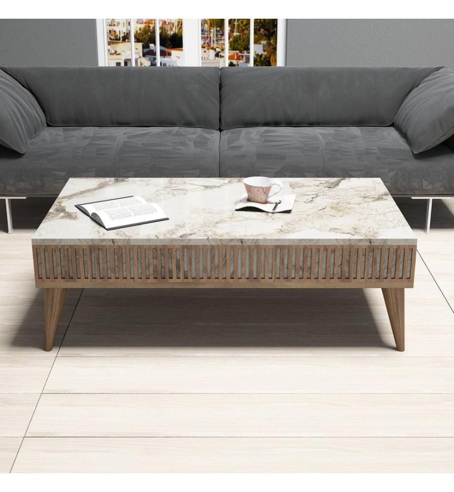 Couleur Noix, Blanc, Tables Basses, 34,6X105X60 cm, Assiette De Particules À Revêtement En Mélamine