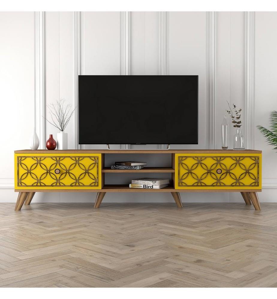 Couleur Noyer, Jaune, Armoires Tv, 44X180X35 cm, Plaque De Particules Enrobée De Mélamine